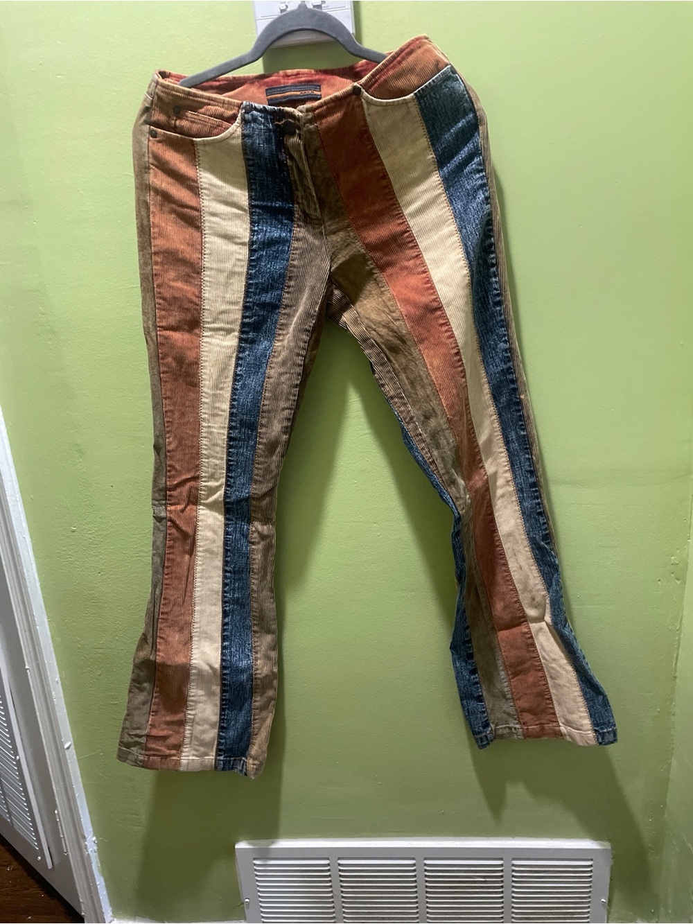 💥 VINTAGE RARE Bebe Mixed Media Denim & Corduroy Patchwork Flare Pants
